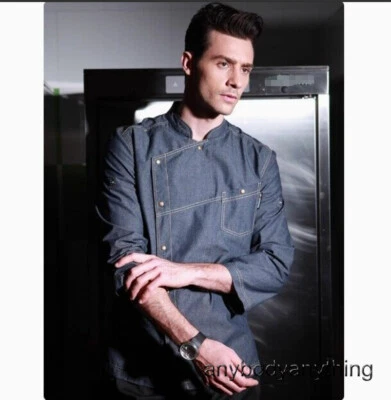 Men Women Denim Chef Jacket Long Sleeve Cook Jeans Kitchen Coat Unisex Uniform - Image 1 of 4