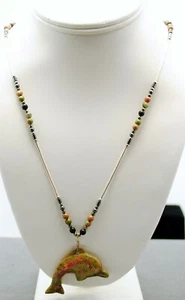 STERLING SILVER BEADED LIQUID SILVER CHAIN  W DOLPHIN AGATE PENDANT 23.75" #F145 - Picture 1 of 2