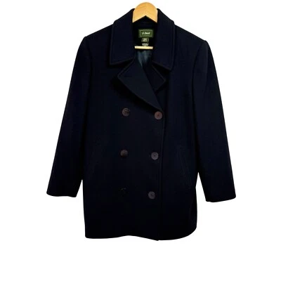LL Bean Peacoat Womens 12 Petite Black Double Breasted Wool/Nylon/Cashmere Coat - Image 1 of 4