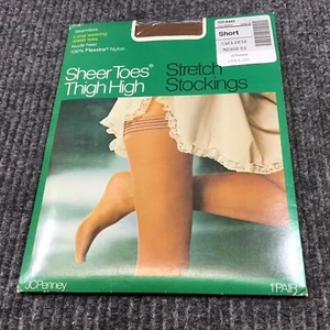 Vintage JC Penney Long Wearing Sheer Toe Thigh High Stretch Stockings Suntan - Picture 1 of 9