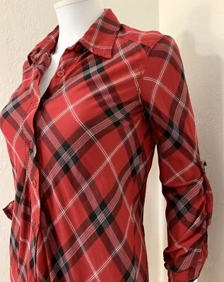 Chelsea + Violet Red Tartan Plaid Roll Tab Slv Button Down Henley Shirt Dress XS - Image 1 of 4