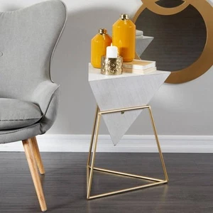 17 in. White Inverted Pyramid Geometric Large Triangle Wood End Table with Gold - Picture 1 of 9
