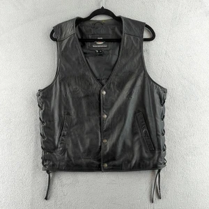 Harley-Davidson Leather Vest Mens Medium Black Side Lace Snap Front Motorcycle - Picture 1 of 12
