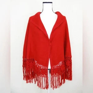 Artesanias Yana Red Alpaca Poncho Cape w/Fringes One Size - Picture 1 of 7