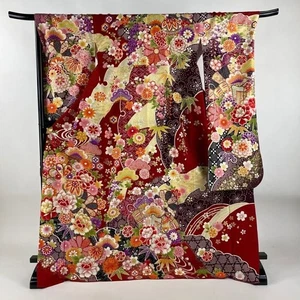 Woman Japanese Kimono Furisode Silk Flower Temari Silver thread Foil Red 175.5cm - Picture 1 of 5