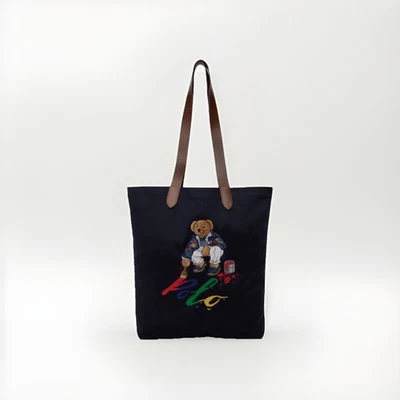 Polo Ralph Lauren Painting Polo BEAR Twill & Leather Tote Shopper Bag Navy NWT - Image 1 of 4