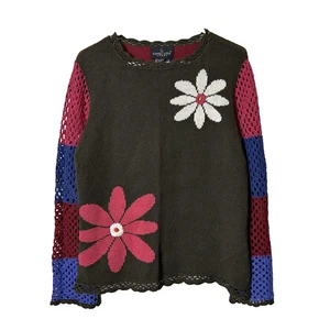 Maglione vintage Carole little flower power uncinetto nonna maniche quadrate L - Foto 1 di 8