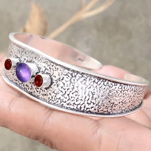 Amethyst & Garnet Cut Gemstone 925 Sterling Silver Bangle Big Bracelet For Her - Picture 1 of 7