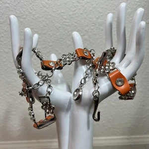 Girl’s Rhinestone Floral Design with Orange Leather Tabs Chainlink Belt Small - Picture 1 of 12