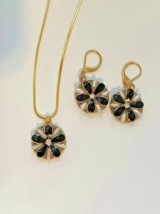 24k gold plated Flower Earring and Necklace set with Black Crystal and Enamel - Picture 1 of 4