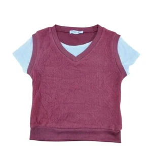 Burgundy Terry Cloth Sweater Vest Size 7/8 White Short Sleeves Layered Look Top - Picture 1 of 8