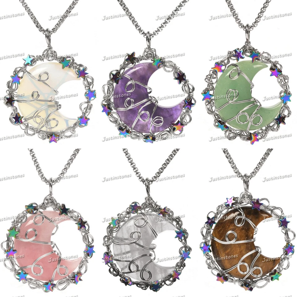 45mm Crystal Reiki Moon Silver Wire Wrapped Star Charm Pendant & Necklace 20" - Image 1 of 1