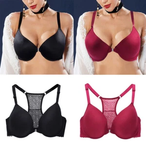 Larger breasts Women Bras Front Buckle Push Up Bra Lace Mesh Racerback Lingerie - Picture 1 of 27