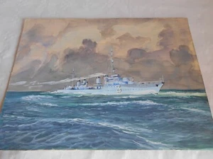 Vintage Painting watercolour gouache WW2 French Destroyer 1940s world war 2 - Picture 1 of 4