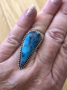 Marine Blue Dendritic Opal Arrow Ring Size 7 Raindrop Design Bezel - Picture 1 of 4