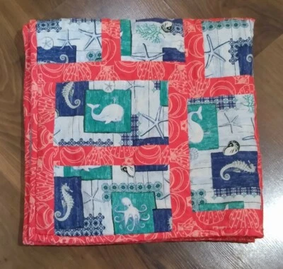 Handmade Nautical Quilted Blanket w/Fleece Back Seashell/Whale/Seahorse 31x31 - Image 1 of 4