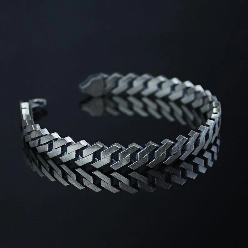 Mens Sterling Silver Cuban Bracelet, Oxized Curb Chain Men Bracelet - Image 1 of 4