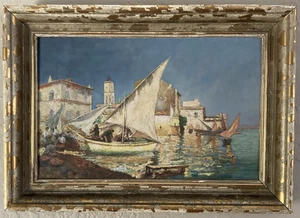 Antique Original Oil Painting Fine Ocean Port Cityscape Sailboats Docks Signed - Picture 1 of 19