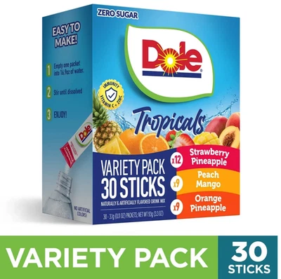 Dole Powder Drink mix variety Pack Tropical Peach Mango & Fruit Sugar Free 30 Ct