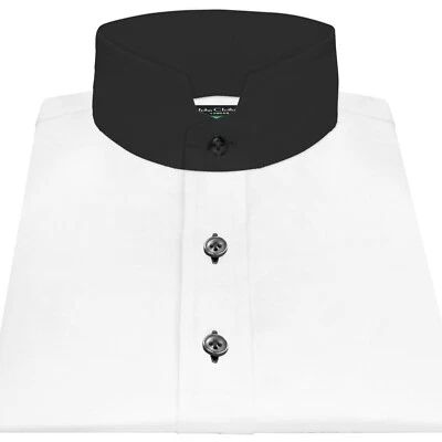 Camicia bianca uomo con colletto e polsino nero supporto alto rigido colletto tonsura romana - Immagine 1 di 4