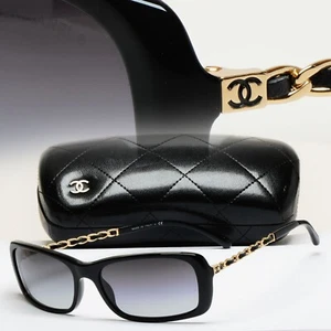 Chanel Sunglasses Black Gold Leather Chain Rectangle 5209-Q c.501/3C 050225 - Picture 1 of 12
