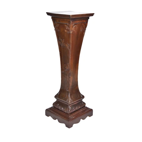 Antique Art Nouveau Floral Poppy Motif Carved Wood Pedestal Sculpture Stand Cover