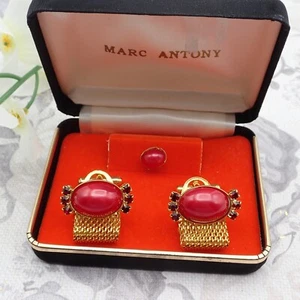 Vtg Marc Antony Red Thermoset Rhinestone Gold Tone Cufflinks Set Original Box - Picture 1 of 4