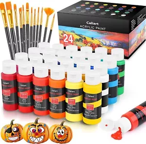 24 Colors Acrylic Paint Set With 12 Brushes, Easter Basket Stuffers for Teens, A - Picture 1 of 8