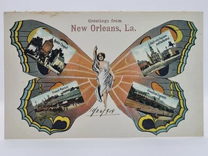 Antigua TARJETA POSTAL ART NOUVEAU Mujeres Mariposa Fantasía EE. UU. Nueva Orleans 1909 usada - Imagen 1 de 3