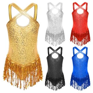Kids Girls Shiny Ballet Jumpsuit Jazz Latin Leotard Fringed Bodysuit Costume - Picture 1 of 34