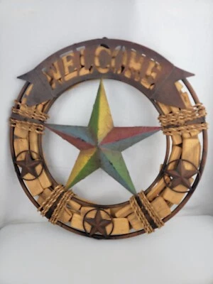 Country Western Rustic Style Welcome  Metal Wood Star Cowboy Wall Decor Sign  - Image 1 of 4