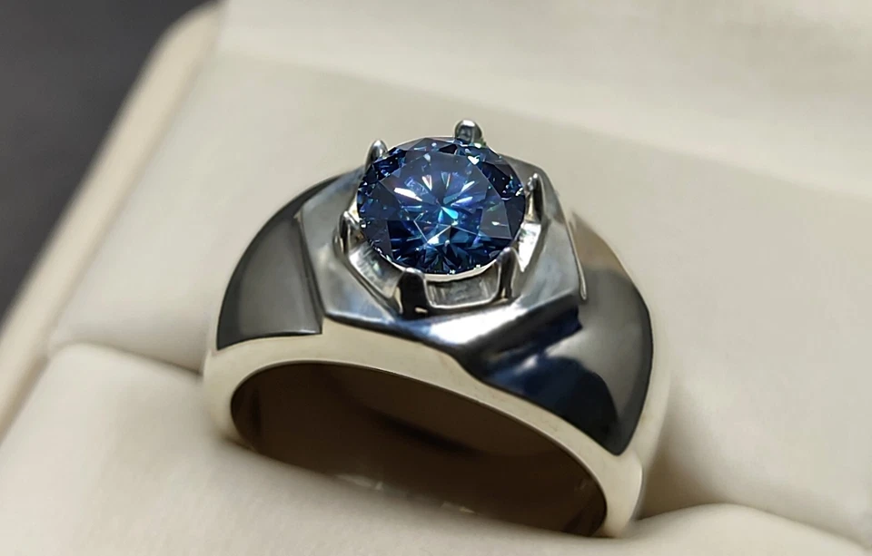 Round Cut Rare 2 Ct Deep Blue Moissanite Diamond 925 Silver Mens Star Shape Ring - Image 1 of 4