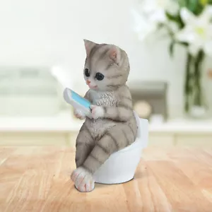 Grey Tabby on Toilet 4.25"H Cat Figurine Ornament Home Decor Unique Gift - Picture 1 of 1
