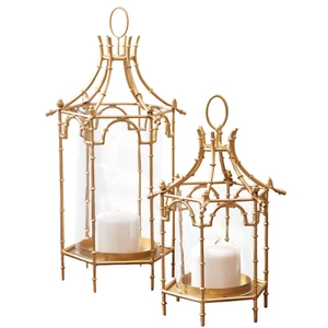 Pair of Faux Bamboo Gilded Iron Pagoda Lanterns - 18.25" and 13.25" - Picture 1 of 5