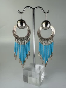 Sterling Silver Turquoise Tribal Dangle Earrings 3" Fringe Chandelier Native 9g - Picture 1 of 10