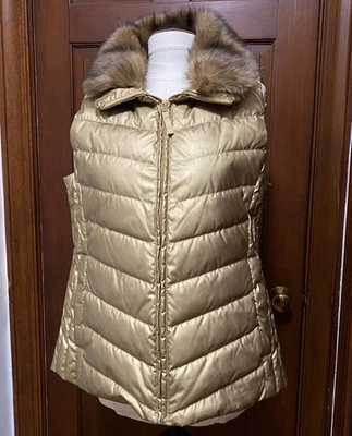 NWT TALBOTS QUILTED PUFFER JACKET FAUX FUR COLLAR GOLD METALLIC SIZE XL - Image 1 of 4