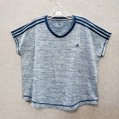 Adidas Women Activewear Top Large Blue Striped Logo Climalite Adult Tee - Image 1 of 4