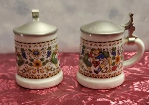 Vtg Mini German Porcelain Beer Stein - Rein Zinn BMF Pewter Lid Colorful Couple - Picture 1 of 11