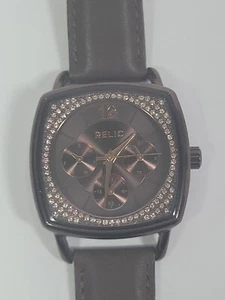 Relic Watch Women Metallic Brown Pave Dial Day Date Leather Band New Battery - Picture 1 of 15
