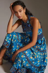Neu mit Etikett Anthropologie Love The Label Maxikleid Neckholder bedruckt Größe Medium 350 $ - Bild 1 von 16