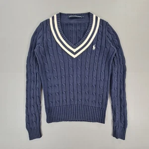 Ralph Lauren Womens Jumper Blue Small Cable Knit Cricket Cotton Pullover - Picture 1 of 8