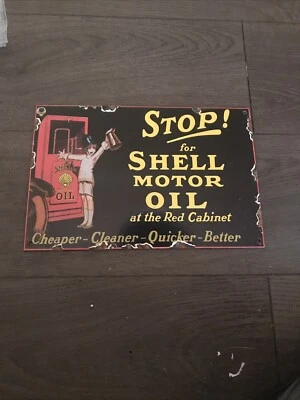 Vintage Style Shell Motor Oil 12x8” Enamel Advertising/Garage Sign  - Image 1 of 4