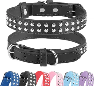 Studded Dog Collar Leather Pet Collars,Adjustable Dog Real Split PU Leather S... - Picture 1 of 8