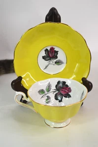 Royal Albert Yellow Tea Cup and Saucer with Masquerade Black Rose - Picture 1 of 8