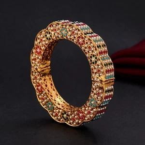 Indian Gold Plated Bridal Kundan Bangle Bracelet Kada Enameled Jewelry Bollywood - Picture 1 of 13