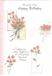 Geburtstagskarte Frau offen groß Blumenmuster schöner Vers 15 x 23 cm ausgeschnitten. - Bild 1 von 2