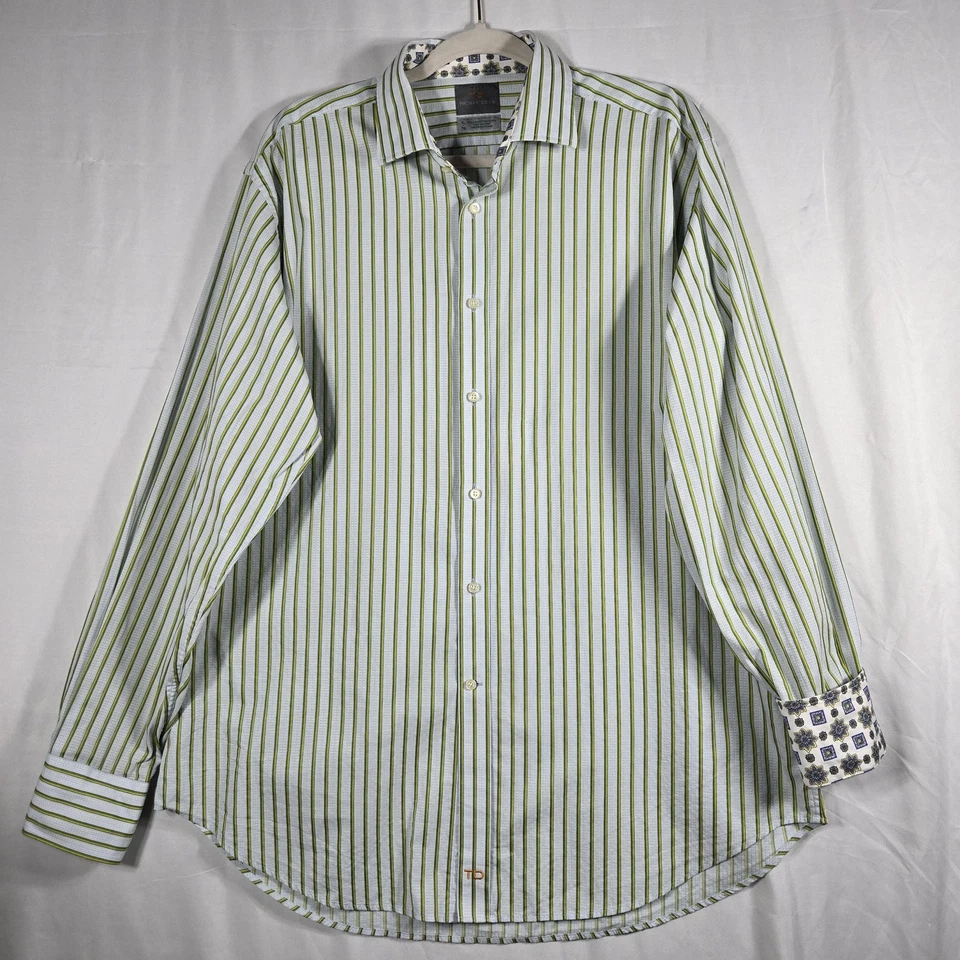 Camisa masculina Thomas Dean XL verde listra branca manga longa contraste punho botão para cima - Imagem 1 de 4