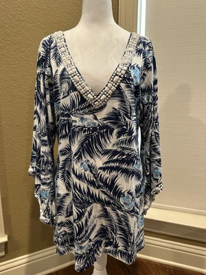 Новый без ценников Letarte тропический бисером 3/4 рукав v-образным вырезом туника верхняя крышка синий размер L - Изображение 1 из 4