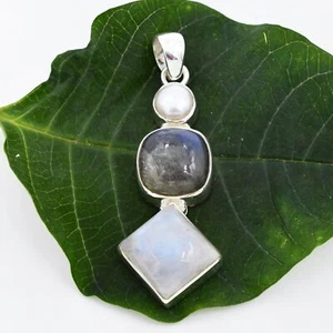 New Sterling Freshwatr Pearl Labradorite & Rainbow Moonstone Pendant - Picture 1 of 3
