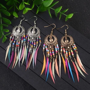 Pendientes de pluma redondos multicolores de goteo/goteo de estilo bohemio retro para mujer - Imagen 1 de 25